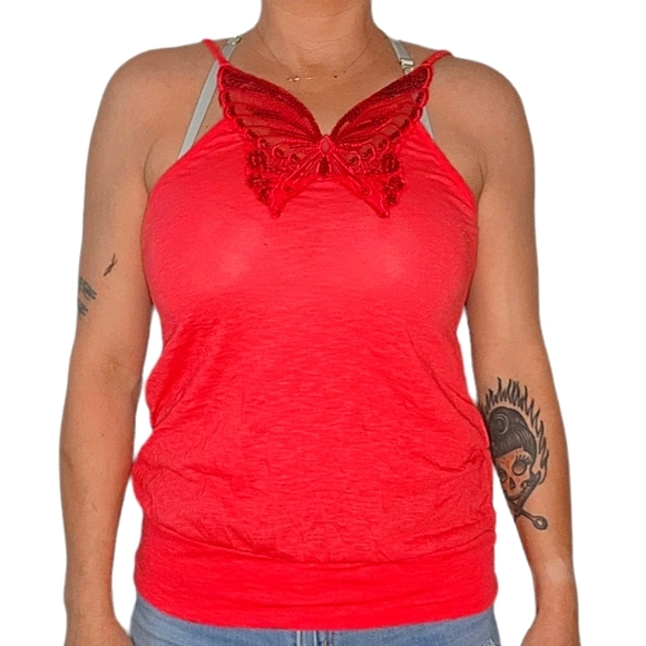 Almost Famous Sequin Butterfly Tank Top Red Size Small/Medium - Picture 1 of 3